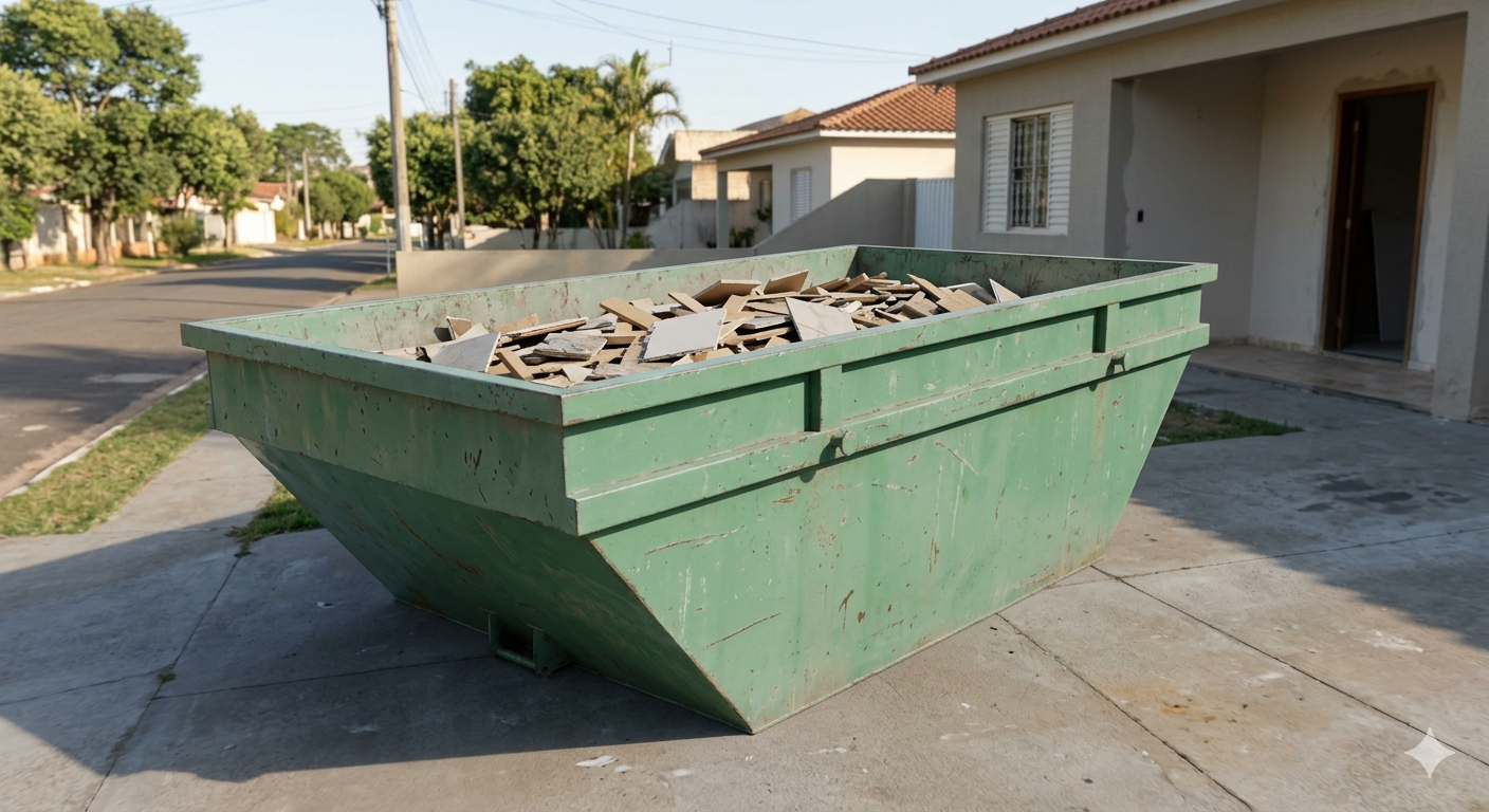 Caçamba de 4 metros cúbicos com entulho de obra
